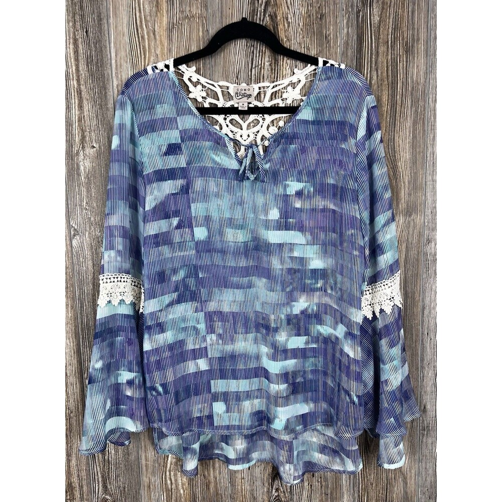 Como Vintage Blouse Size M Blue Bell Sleeve Crochet High Low Boho Chic Pretty